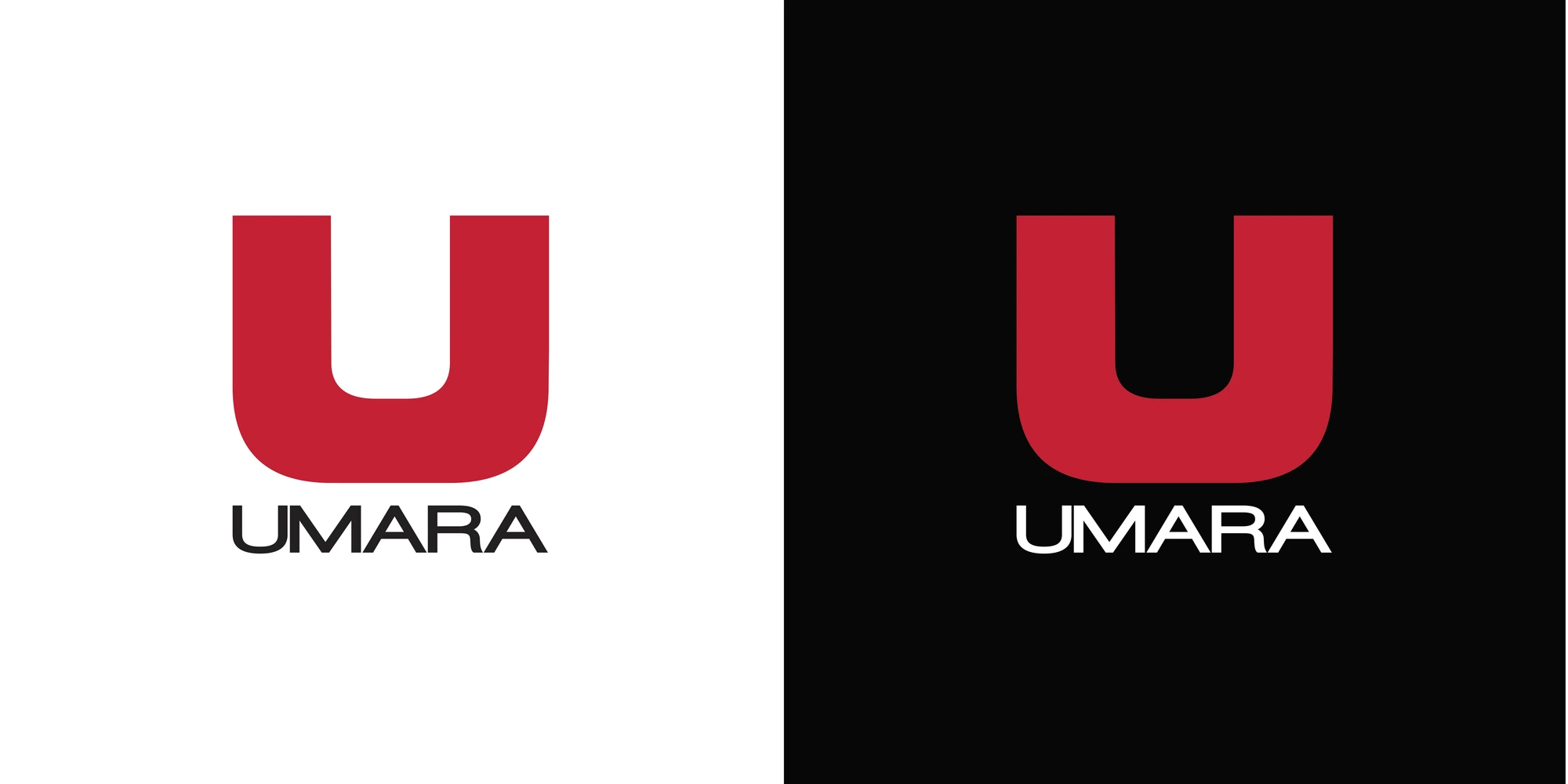 Umara-logotypen består av en stor röd bokstav "U" placerad ovanför texten "UMARA". Den presenteras mot både vit och svart bakgrund.