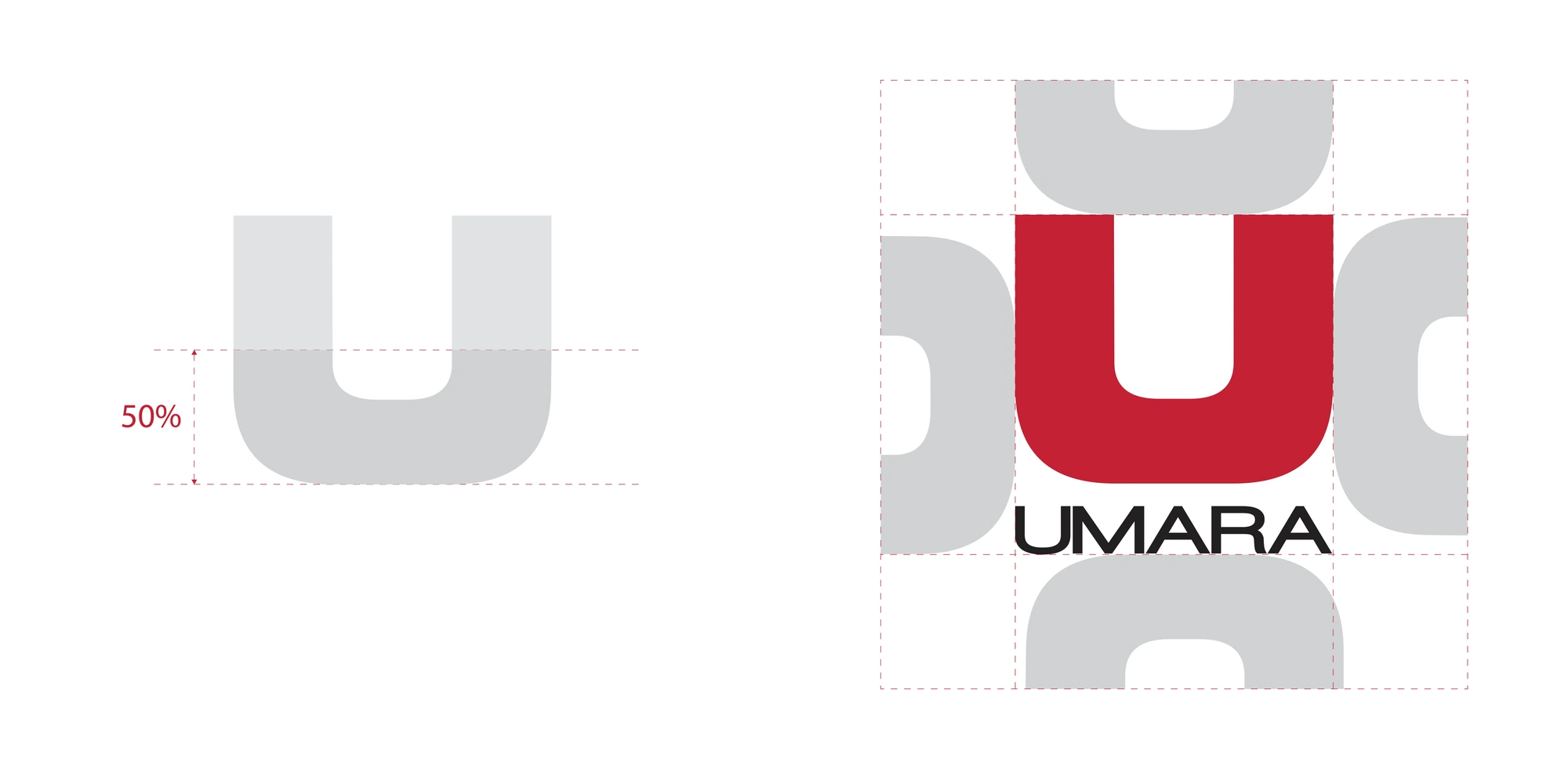 Umara-logotypen är prydd med ett stiliserat, upp och nedvänt "U" i rött och grått som bakgrund. Texten "UMARA" är placerad under bokstaven.