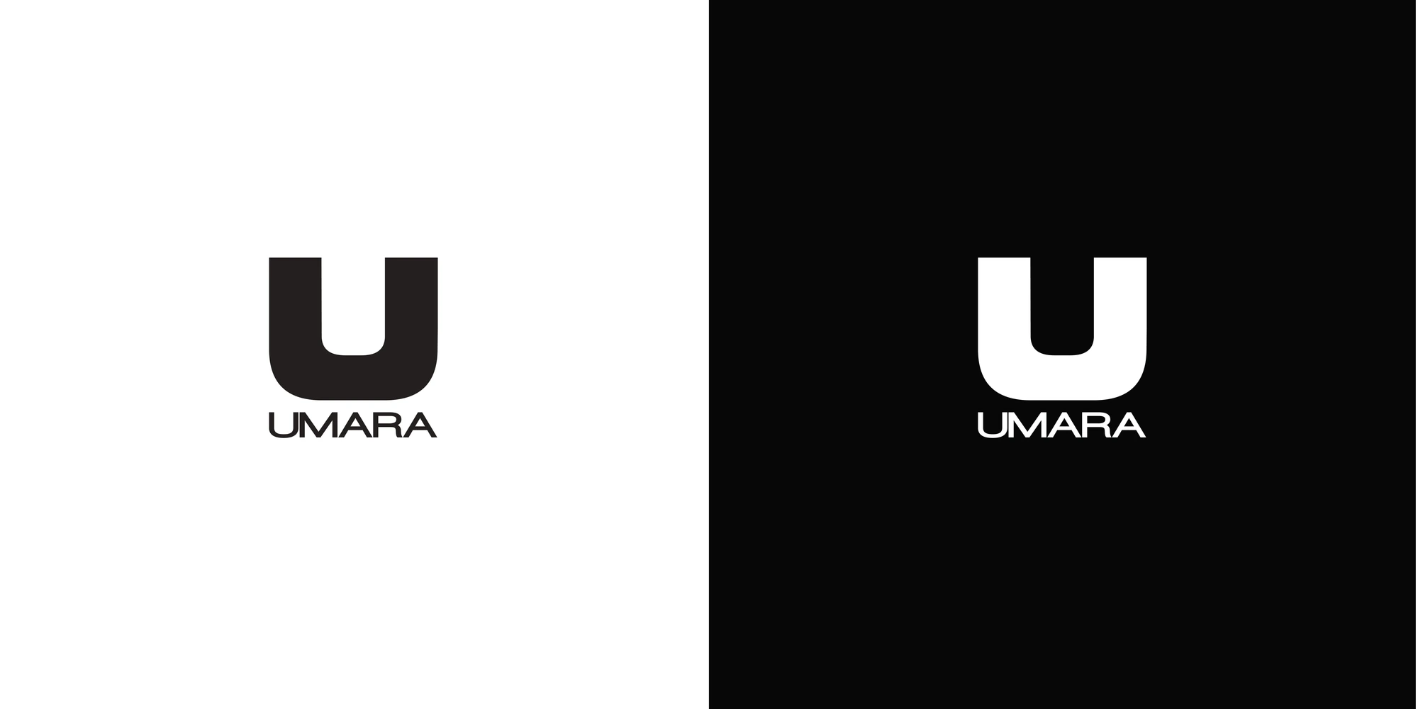 Bilden presenterar "Umara"-logotypen i två versioner: en svart logotyp mot vit bakgrund, samt en vit logotyp mot svart bakgrund.