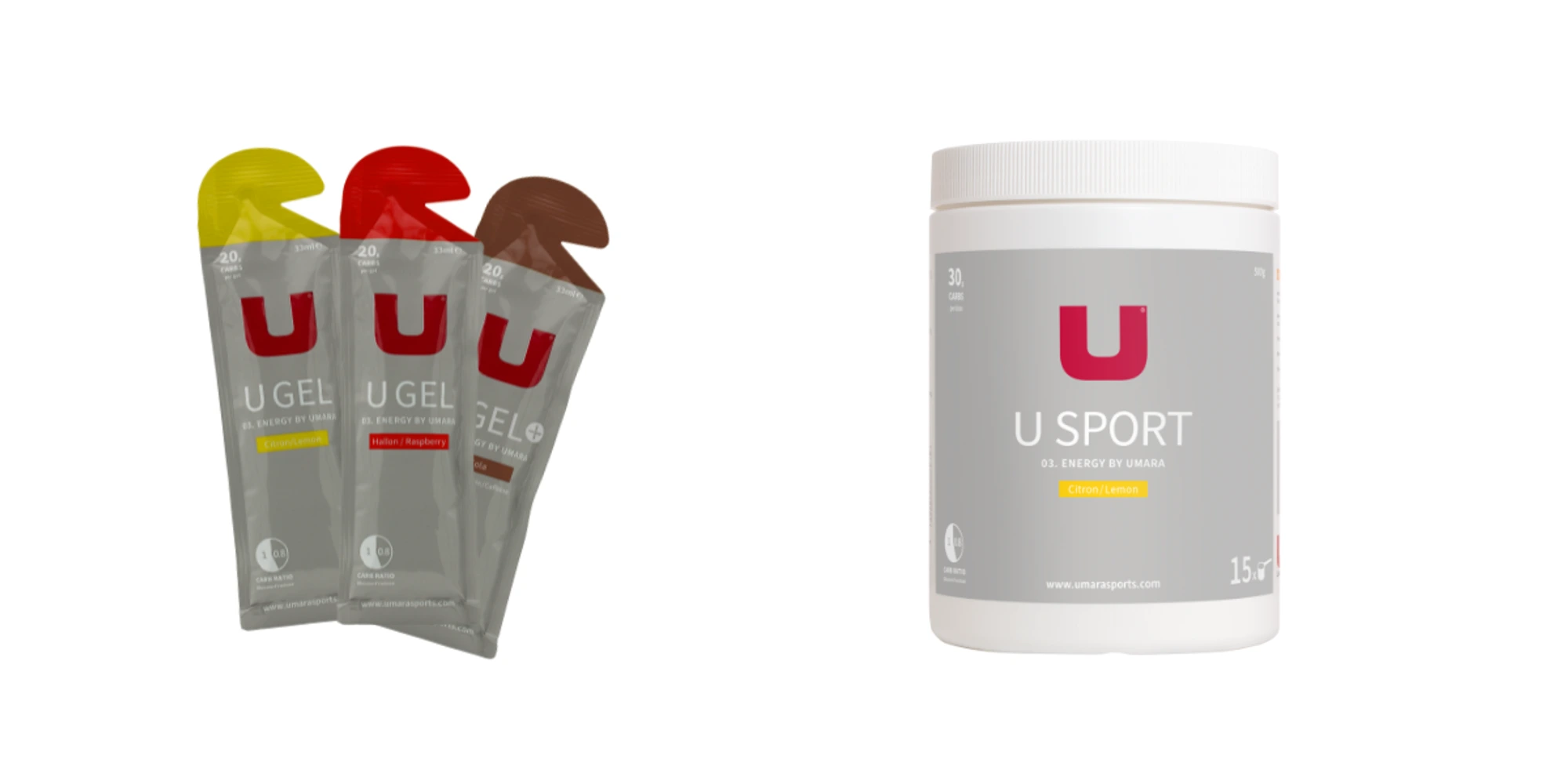 Umaras U Gel i smakerna hallon, cola och citron, samt U Sport sportdryck