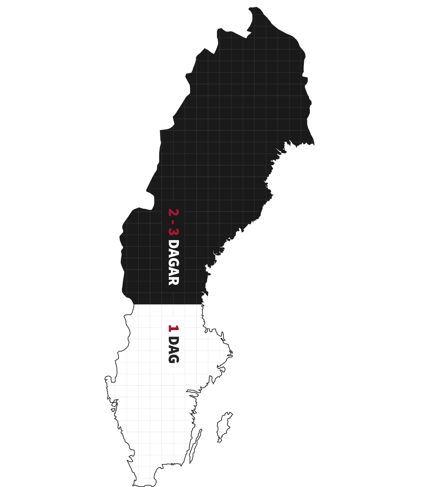 Karta över Sverige indikerar leveranstiden. Den norra delen är färglagd i svart med beskrivningen "2-3 DAGAR", medan den södra delen är vit med texten "1 DAG".