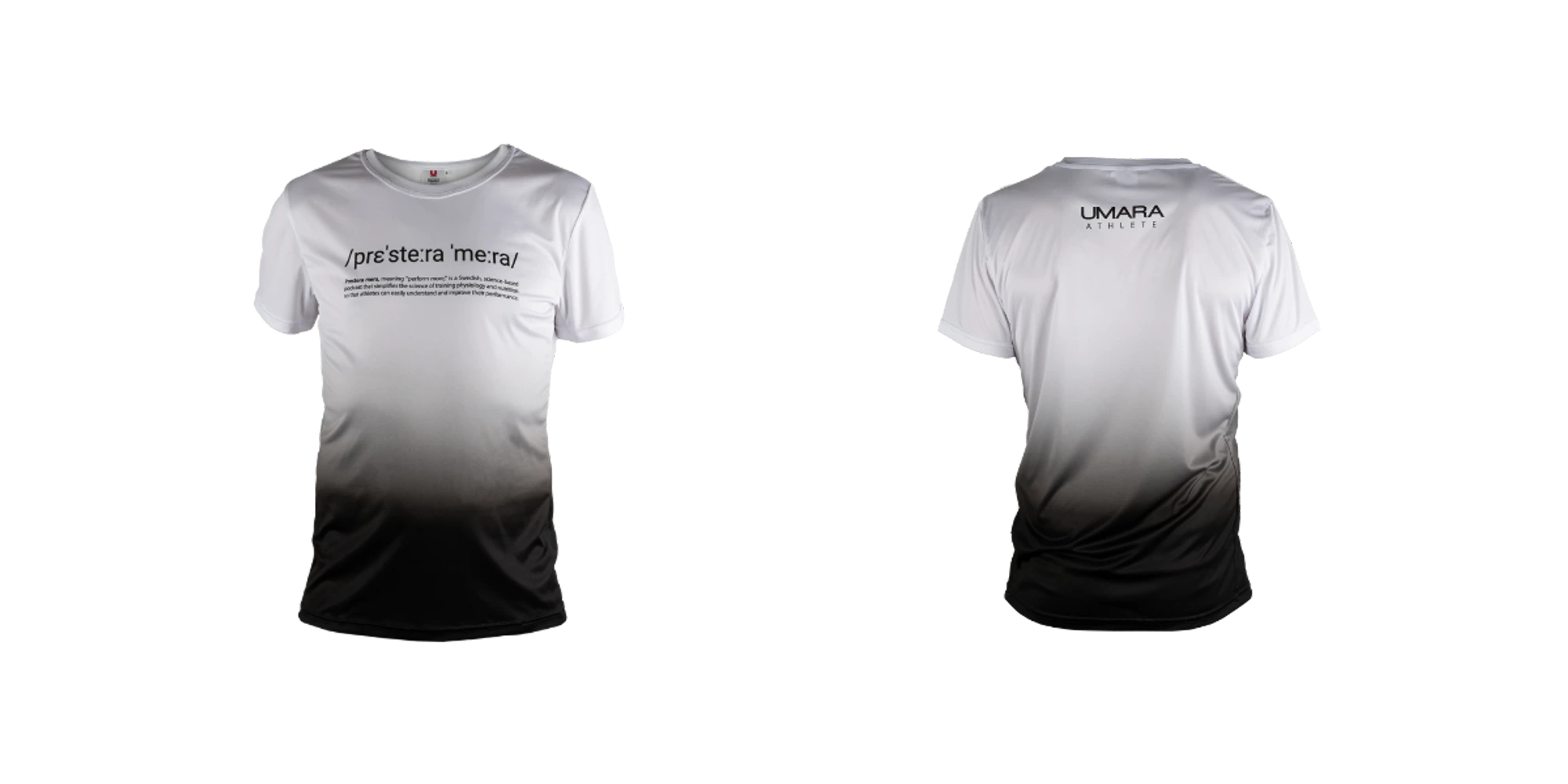 Bild på en t-shirt med en gradientdesign i svart och vitt. På framsidan är det tryckt text nära bröstet, och på baksidan syns en logotyp högst upp.