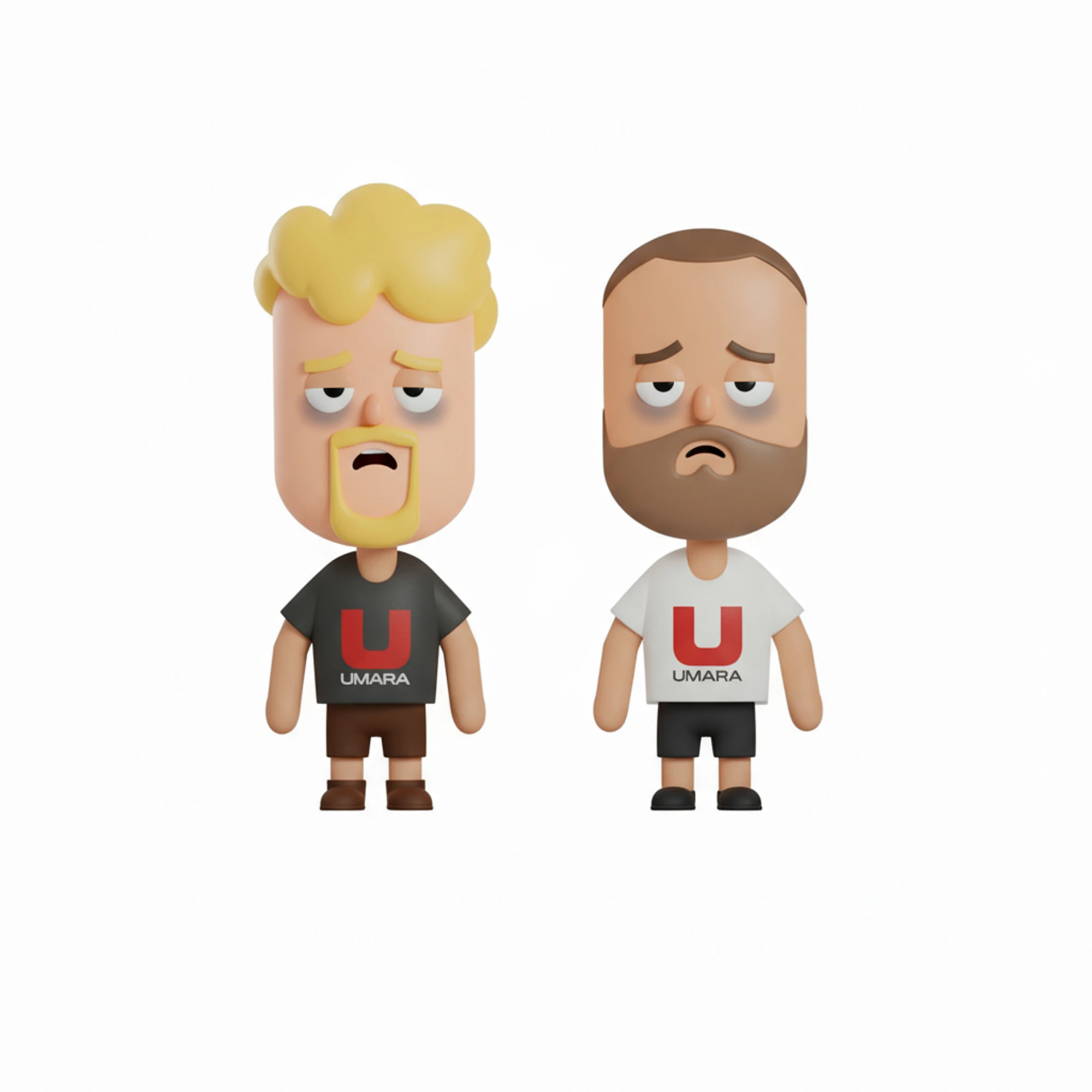 Två trötta animerade karaktärer klädda i tröjor prydda med bokstaven 'U' och texten 'UMARA'. Den ena karaktären har blont hår och en svart tröja, medan den andra har skägg och en vit tröja.