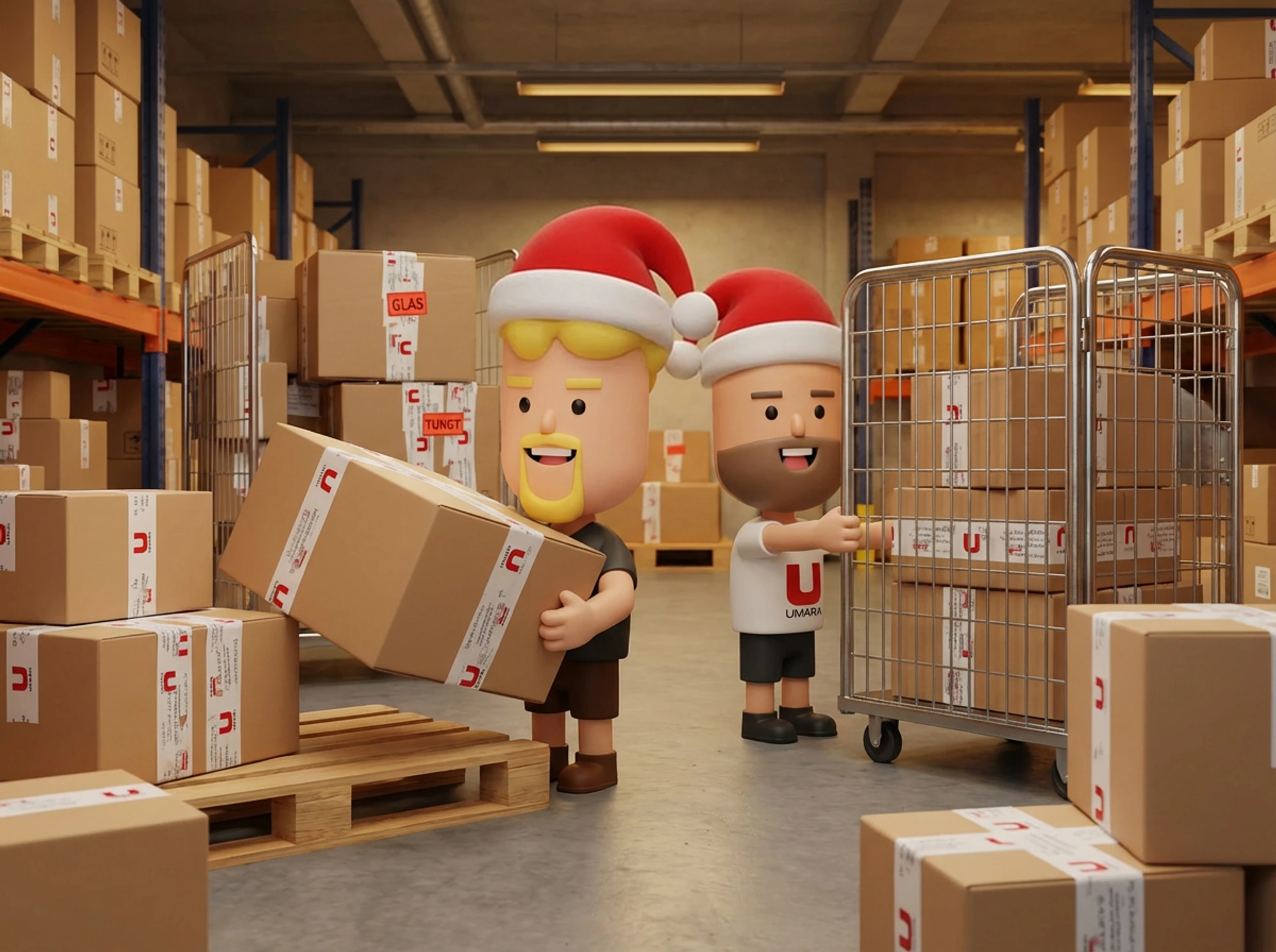 Två animerade figurer iförda tomteluvor hanterar paket inuti ett lager fyllt med kartonger och hyllor.