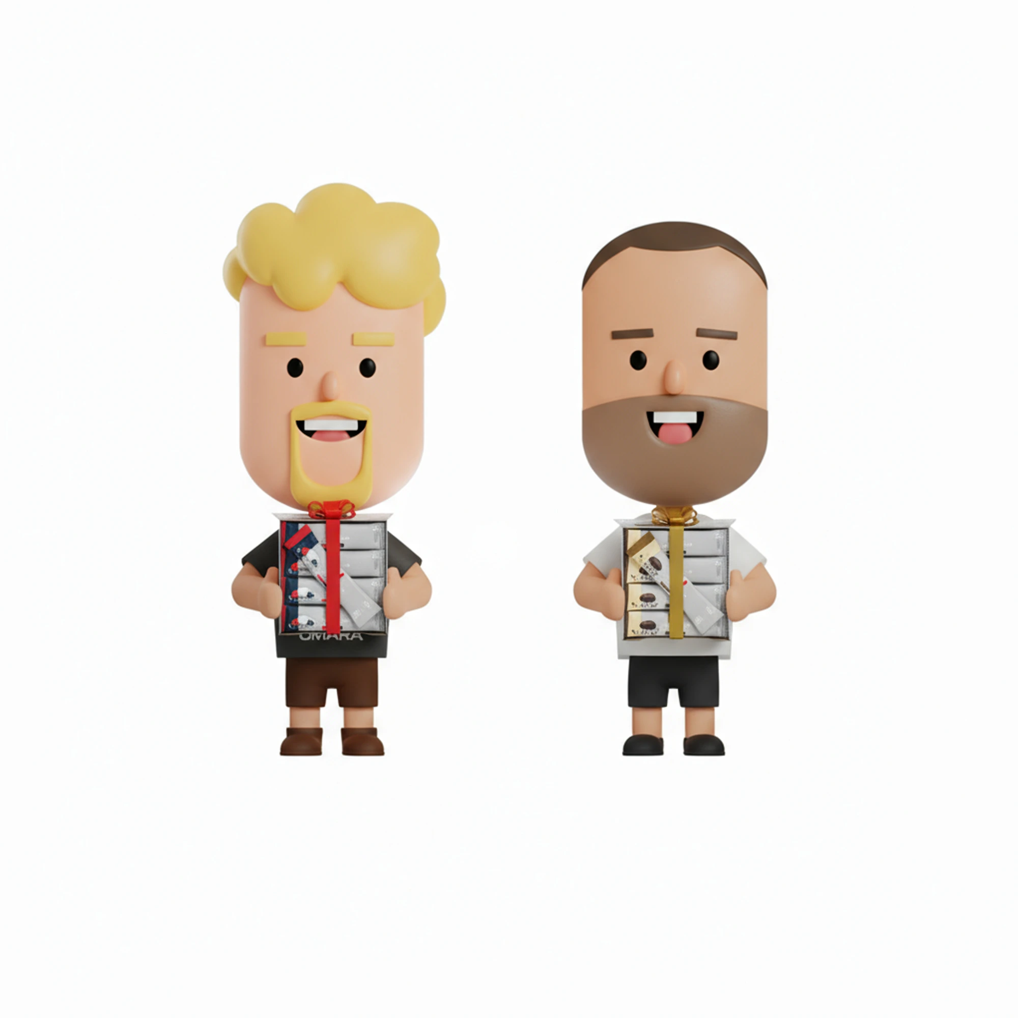 Två tecknade karaktärer, var och en med unika frisyrer och skägg, bär tröjor prydda med geometriska mönster. Karaktären till vänster rycker fram med sitt blonda, lockiga hår och en goatee, medan kompanjonen till höger sportar kort hår och ett prydligt helskägg. Båda står leende med händerna i sidorna mot en kliniskt vit bakgrund.