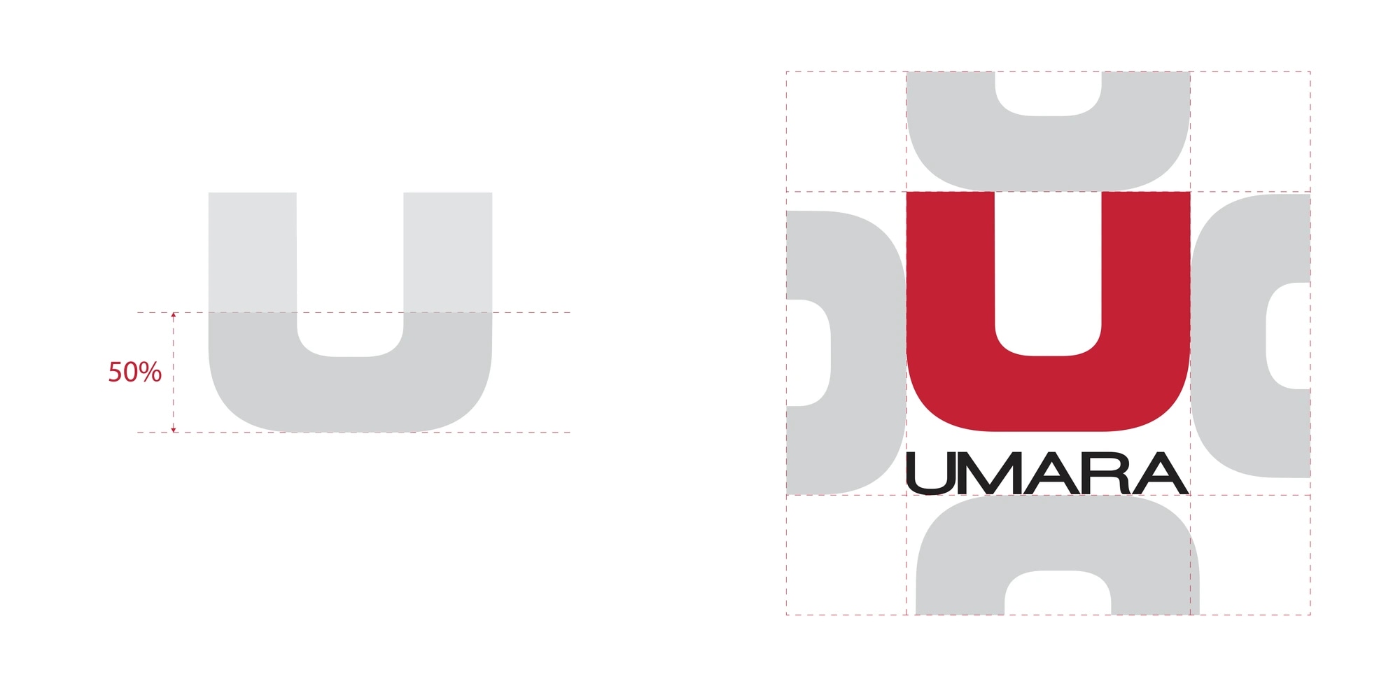 Umara-logotypen är prydd med ett stiliserat, upp och nedvänt "U" i rött och grått som bakgrund. Texten "UMARA" är placerad under bokstaven.