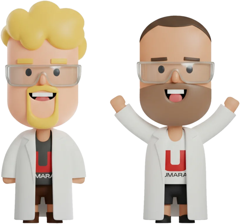 Tommy och Simon som 3D-figurer i labbrockar